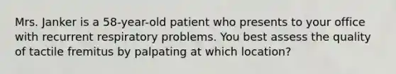 Mrs. Janker is a 58-year-old patient who presents to your office with recurrent respiratory problems. You best assess the quality of tactile fremitus by palpating at which location?