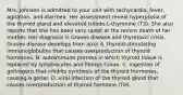 Mrs. Johnson is admitted to your unit with tachycardia, fever, agitation, and diarrhea. Her assessment reveal hyperplasia of the thyroid gland and elevated triiodo-L-thyronine (T3). She also reports that she has been very upset at the recent death of her mother. Her diagnosis is Graves disease and thyrotoxic crisis. Graves disease develops from a(n): A. thyroid-stimulating immunoglobulins that causes overproduction of thyroid hormones. B. autoimmune process in which thyroid tissue is replaced by lymphocytes and fibrous tissue. C. ingestion of goitrogens that inhibits synthesis of the thyroid hormones, causing a goiter. D. viral infection of the thyroid gland that causes overproduction of thyroid hormone (TH).