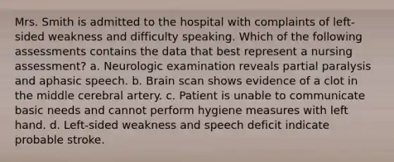 Mrs. Smith is admitted to the hospital with complaints of left-sided weakness and difficulty speaking. Which of the following assessments contains the data that best represent a nursing assessment? a. Neurologic examination reveals partial paralysis and aphasic speech. b. Brain scan shows evidence of a clot in the middle cerebral artery. c. Patient is unable to communicate basic needs and cannot perform hygiene measures with left hand. d. Left-sided weakness and speech deficit indicate probable stroke.