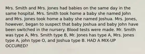 Mrs. Smith and Mrs. Jones had babies on the same day in the same hospital. Mrs. Smith took home a baby she named John and Mrs. Jones took home a baby she named Joshua. Mrs. Jones, however, began to suspect that baby Joshua and baby John have been switched in the nursery. Blood tests were made. Mr. Smith was type A, Mrs. Smith type B, Mr. Jones has type A, Mrs. Jones type A, john type O, and Joshua type B. HAD A MIX-UP OCCURED?