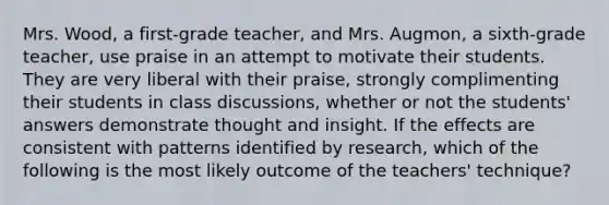 Mrs. Wood, a first-grade teacher, and Mrs. Augmon, a sixth-grade teacher, use praise in an attempt to motivate their students. They are very liberal with their praise, strongly complimenting their students in class discussions, whether or not the students' answers demonstrate thought and insight. If the effects are consistent with patterns identified by research, which of the following is the most likely outcome of the teachers' technique?