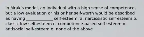 In Mruk's model, an individual with a high sense of competence, but a low evaluation or his or her self-worth would be described as having _____________ self-esteem. a. narcissistic self-esteem b. classic low self-esteem c. competence-based self esteem d. antisocial self-esteem e. none of the above