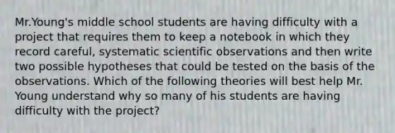 Mr.Young's middle school students are having difficulty with a project that requires them to keep a notebook in which they record careful, systematic scientific observations and then write two possible hypotheses that could be tested on the basis of the observations. Which of the following theories will best help Mr. Young understand why so many of his students are having difficulty with the project?