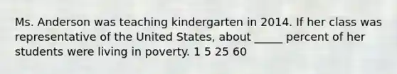 Ms. Anderson was teaching kindergarten in 2014. If her class was representative of the United States, about _____ percent of her students were living in poverty. 1 5 25 60