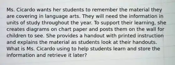 Ms. Cicardo wants her students to remember the material they are covering in language arts. They will need the information in units of study throughout the year. To support their learning, she creates diagrams on chart paper and posts them on the wall for children to see. She provides a handout with printed instruction and explains the material as students look at their handouts. What is Ms. Cicardo using to help students learn and store the information and retrieve it later?