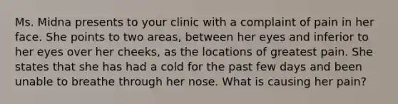 Ms. Midna presents to your clinic with a complaint of pain in her face. She points to two areas, between her eyes and inferior to her eyes over her cheeks, as the locations of greatest pain. She states that she has had a cold for the past few days and been unable to breathe through her nose. What is causing her pain?