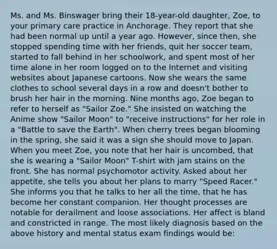 Ms. and Ms. Binswager bring their 18-year-old daughter, Zoe, to your primary care practice in Anchorage. They report that she had been normal up until a year ago. However, since then, she stopped spending time with her friends, quit her soccer team, started to fall behind in her schoolwork, and spent most of her time alone in her room logged on to the Internet and visiting websites about Japanese cartoons. Now she wears the same clothes to school several days in a row and doesn't bother to brush her hair in the morning. Nine months ago, Zoe began to refer to herself as "Sailor Zoe." She insisted on watching the Anime show "Sailor Moon" to "receive instructions" for her role in a "Battle to save the Earth". When cherry trees began blooming in the spring, she said it was a sign she should move to Japan. When you meet Zoe, you note that her hair is uncombed, that she is wearing a "Sailor Moon" T-shirt with jam stains on the front. She has normal psychomotor activity. Asked about her appetite, she tells you about her plans to marry "Speed Racer." She informs you that he talks to her all the time, that he has become her constant companion. Her thought processes are notable for derailment and loose associations. Her affect is bland and constricted in range. The most likely diagnosis based on the above history and mental status exam findings would be: