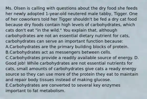 Ms. Olsen is calling with questions about the dry food she feeds her newly adopted 1-year-old neutered male tabby, Tigger. One of her coworkers told her Tigger shouldn't be fed a dry cat food because dry foods contain high levels of carbohydrates, which cats don't eat "in the wild." You explain that, although carbohydrates are not an essential dietary nutrient for cats, carbohydrates can serve an important function because: A.Carbohydrates are the primary building blocks of protein. B.Carbohydrates act as messengers between cells. C.Carbohydrates provide a readily available source of energy. D. Good job! While carbohydrates are not essential nutrients for cats, small amounts of carbohydrates give cats a ready energy source so they can use more of the protein they eat to maintain and repair body tissues instead of making glucose. E.Carbohydrates are converted to several key enzymes important to fat metabolism.