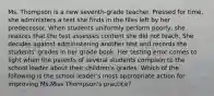 Ms. Thompson is a new seventh-grade teacher. Pressed for time, she administers a test she finds in the files left by her predecessor. When students uniformly perform poorly, she realizes that the test assesses content she did not teach. She decides against administering another test and records the students' grades in her grade book. Her testing error comes to light when the parents of several students complain to the school leader about their children's grades. Which of the following is the school leader's most appropriate action for improving Ms.Miss Thompson's practice?