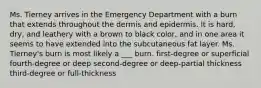 Ms. Tierney arrives in the Emergency Department with a burn that extends throughout the dermis and epidermis. It is hard, dry, and leathery with a brown to black color, and in one area it seems to have extended into the subcutaneous fat layer. Ms. Tierney's burn is most likely a ___ burn. first-degree or superficial fourth-degree or deep second-degree or deep-partial thickness third-degree or full-thickness