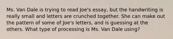 Ms. Van Dale is trying to read Joe's essay, but the handwriting is really small and letters are crunched together. She can make out the pattern of some of Joe's letters, and is guessing at the others. What type of processing is Ms. Van Dale using?