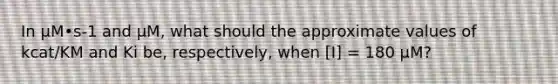 In μM•s-1 and μM, what should the approximate values of kcat/KM and Ki be, respectively, when [I] = 180 μM?