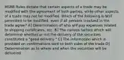 MSRB Rules dictate that certain aspects of a trade may be modified with the agreement of both parties, while other aspects of a trade may not be modified. Which of the following is NOT permitted to be modified, even if all persons involved in the trade agree? A] Determination of who will pay expenses related to shipping certificates, etc. B] The various factors which will determine whether or not the delivery of the securities constituted a "good delivery " C] The information which is provided on confirmations sent to both sides of the trade D] Determination as to where and when the securities will be delivered