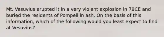 Mt. Vesuvius erupted it in a very violent explosion in 79CE and buried the residents of Pompeii in ash. On the basis of this information, which of the following would you least expect to find at Vesuvius?