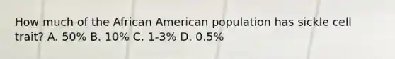 How much of the African American population has sickle cell​ trait? A. ​50% B. ​10% C. ​1-3% D. ​0.5%