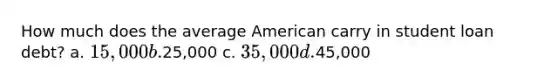 How much does the average American carry in student loan debt? a. 15,000 b.25,000 c. 35,000 d.45,000