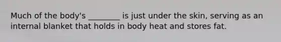 Much of the body's ________ is just under the skin, serving as an internal blanket that holds in body heat and stores fat.