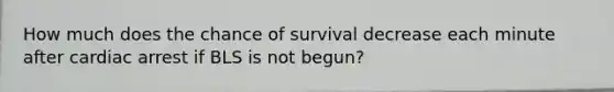 How much does the chance of survival decrease each minute after cardiac arrest if BLS is not begun?