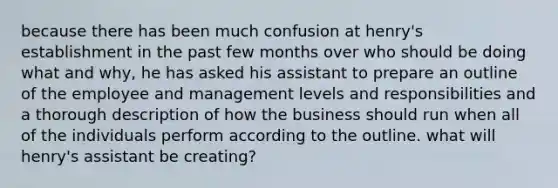 because there has been much confusion at henry's establishment in the past few months over who should be doing what and why, he has asked his assistant to prepare an outline of the employee and management levels and responsibilities and a thorough description of how the business should run when all of the individuals perform according to the outline. what will henry's assistant be creating?