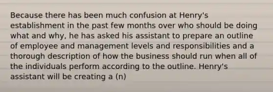 Because there has been much confusion at Henry's establishment in the past few months over who should be doing what and why, he has asked his assistant to prepare an outline of employee and management levels and responsibilities and a thorough description of how the business should run when all of the individuals perform according to the outline. Henry's assistant will be creating a (n)