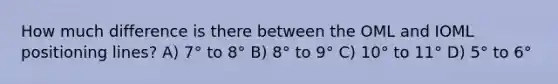 How much difference is there between the OML and IOML positioning lines? A) 7° to 8° B) 8° to 9° C) 10° to 11° D) 5° to 6°