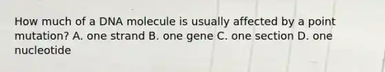 How much of a DNA molecule is usually affected by a point mutation? A. one strand B. one gene C. one section D. one nucleotide