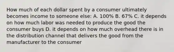 How much of each dollar spent by a consumer ultimately becomes income to someone else: A. 100% B. 67% C. it depends on how much labor was needed to produce the good the consumer buys D. it depends on how much overhead there is in the distribution channel that delivers the good from the manufacturer to the consumer