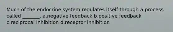 Much of the endocrine system regulates itself through a process called _______. a.negative feedback b.positive feedback c.reciprocal inhibition d.receptor inhibition