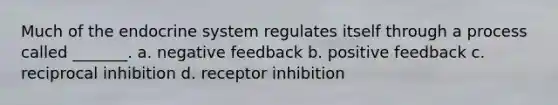 Much of the endocrine system regulates itself through a process called _______. a. negative feedback b. positive feedback c. reciprocal inhibition d. receptor inhibition