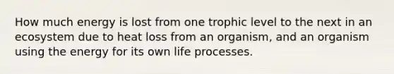 How much energy is lost from one trophic level to the next in an ecosystem due to heat loss from an organism, and an organism using the energy for its own life processes.