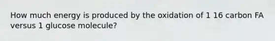 How much energy is produced by the oxidation of 1 16 carbon FA versus 1 glucose molecule?