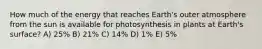 How much of the energy that reaches Earth's outer atmosphere from the sun is available for photosynthesis in plants at Earth's surface? A) 25% B) 21% C) 14% D) 1% E) 5%