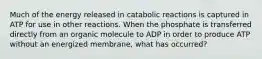 Much of the energy released in catabolic reactions is captured in ATP for use in other reactions. When the phosphate is transferred directly from an organic molecule to ADP in order to produce ATP without an energized membrane, what has occurred?