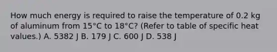 How much energy is required to raise the temperature of 0.2 kg of aluminum from 15°C to 18°C? (Refer to table of specific heat values.) A. 5382 J B. 179 J C. 600 J D. 538 J