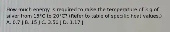 How much energy is required to raise the temperature of 3 g of silver from 15°C to 20°C? (Refer to table of specific heat values.) A. 0.7 J B. 15 J C. 3.50 J D. 1.17 J