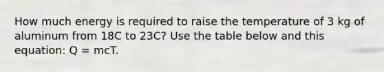 How much energy is required to raise the temperature of 3 kg of aluminum from 18C to 23C? Use the table below and this equation: Q = mcT.