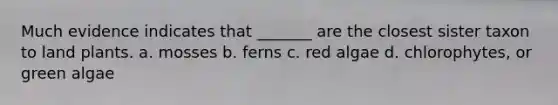 Much evidence indicates that _______ are the closest sister taxon to land plants. a. mosses​​ b. ferns c. red algae​​ d. chlorophytes, or green algae