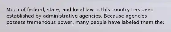 Much of federal, state, and local law in this country has been established by administrative agencies. Because agencies possess tremendous power, many people have labeled them the: