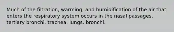 Much of the filtration, warming, and humidification of the air that enters the respiratory system occurs in the nasal passages. tertiary bronchi. trachea. lungs. bronchi.