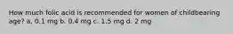 How much folic acid is recommended for women of childbearing age? a. 0.1 mg b. 0.4 mg c. 1.5 mg d. 2 mg