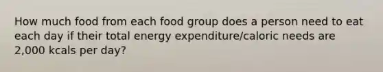 How much food from each food group does a person need to eat each day if their total energy expenditure/caloric needs are 2,000 kcals per day?