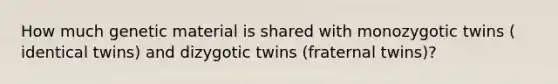 How much genetic material is shared with monozygotic twins ( identical twins) and dizygotic twins (fraternal twins)?