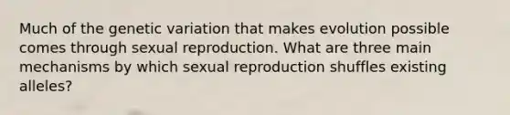 Much of the genetic variation that makes evolution possible comes through sexual reproduction. What are three main mechanisms by which sexual reproduction shuffles existing alleles?