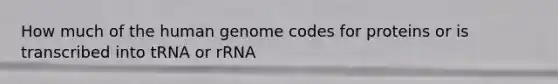 How much of the human genome codes for proteins or is transcribed into tRNA or rRNA