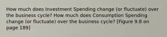 How much does Investment Spending change (or fluctuate) over the business cycle? How much does Consumption Spending change (or fluctuate) over the business cycle? [Figure 9.8 on page 189]