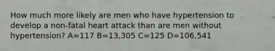 How much more likely are men who have hypertension to develop a non-fatal heart attack than are men without hypertension? A=117 B=13,305 C=125 D=106,541