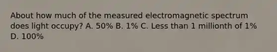 About how much of the measured electromagnetic spectrum does light occupy? A. 50% B. 1% C. Less than 1 millionth of 1% D. 100%