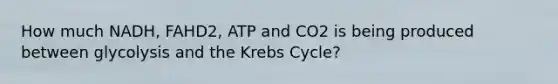 How much NADH, FAHD2, ATP and CO2 is being produced between glycolysis and the Krebs Cycle?