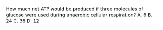 How much net ATP would be produced if three molecules of glucose were used during anaerobic cellular respiration? A. 6 B. 24 C. 36 D. 12