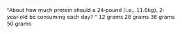 "About how much protein should a 24-pound (i.e., 11.0kg), 2-year-old be consuming each day? " 12 grams 28 grams 38 grams 50 grams